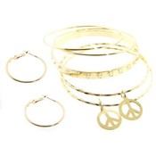 Peace Sign Bangle Bracelets with Earrings | Gold