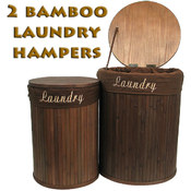 Set of 2 Brown Bamboo Laundry Hampers with Cotton