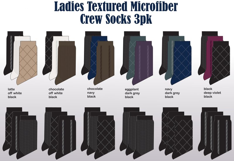 Ladies 3 Pack Microfiber Textured Crew SOCKS