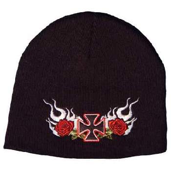 Maltese Cross and Roses Embroidered Black BEANIE -